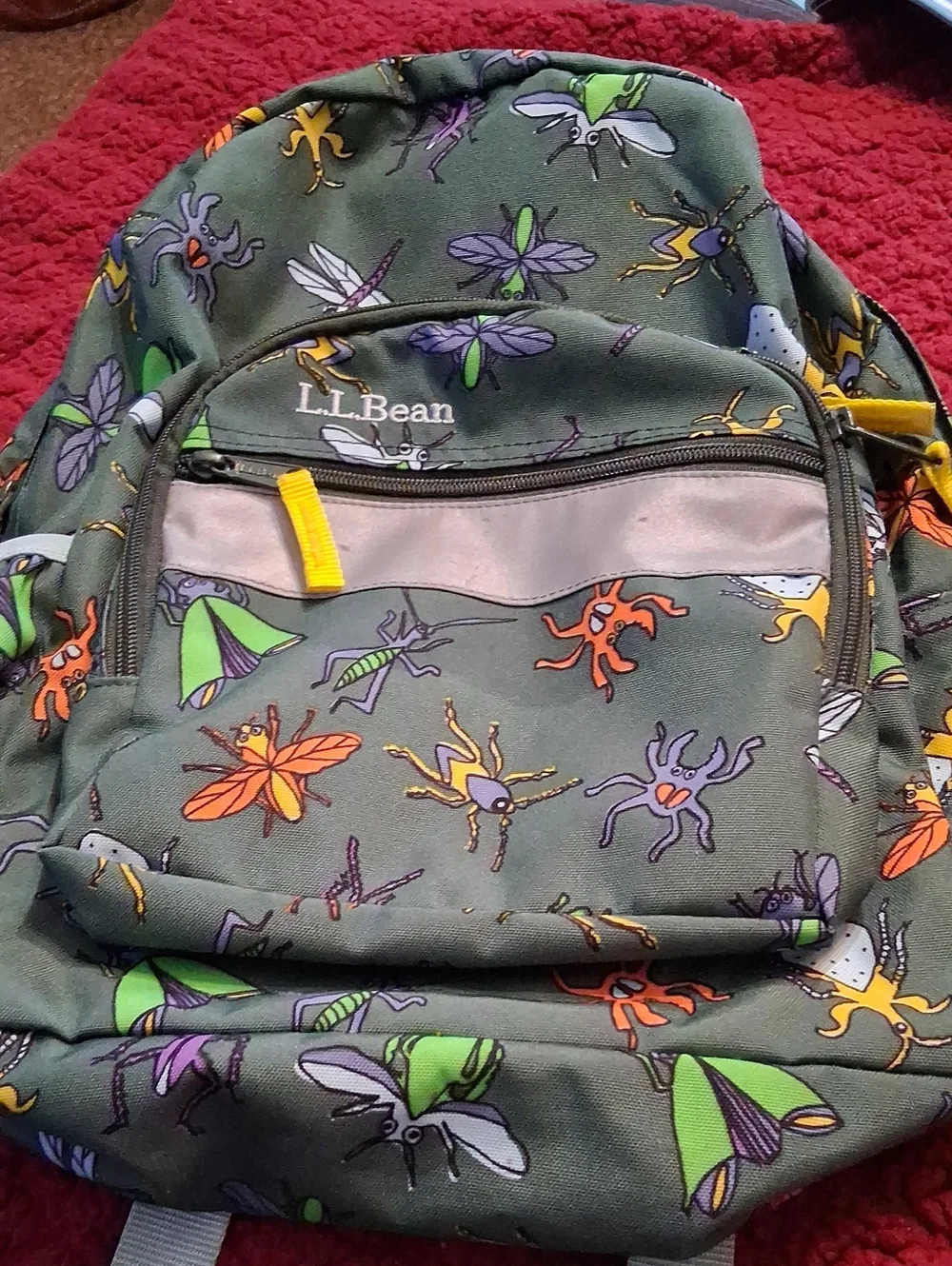 L.L. Bean Olive Green Kids Backpack with Colorful Bug Print